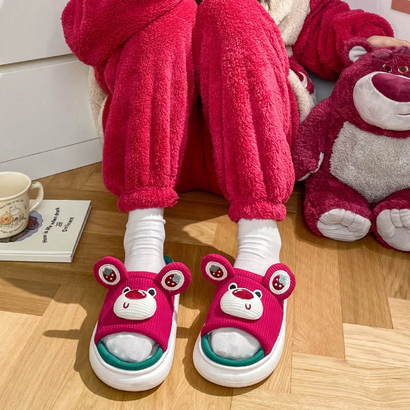 Home Slipper for Womens Four Season Cute Bear Slipper Family Flip Flops Female Cotton Linen Shoes Lightweight Platform Slippers