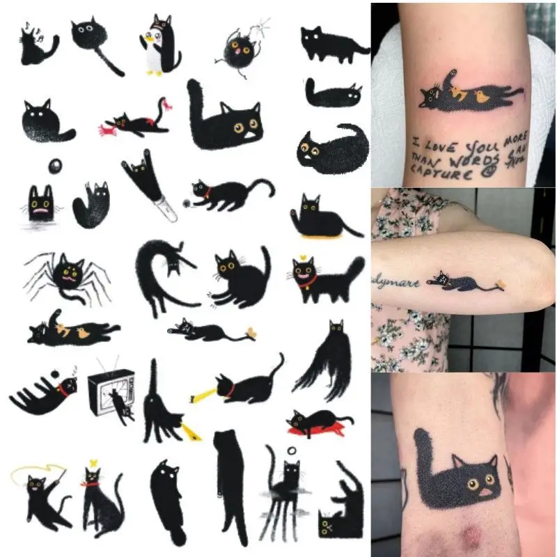 Niedliche Cartoon Katze Schmetterling temporäre Tattoos für Frauen Mann Schlüsselbein Arm wasserdicht Kätzchen Tattoo Aufkleber Kunst dauerhafte gefälschte Tätowierung – Detail 2