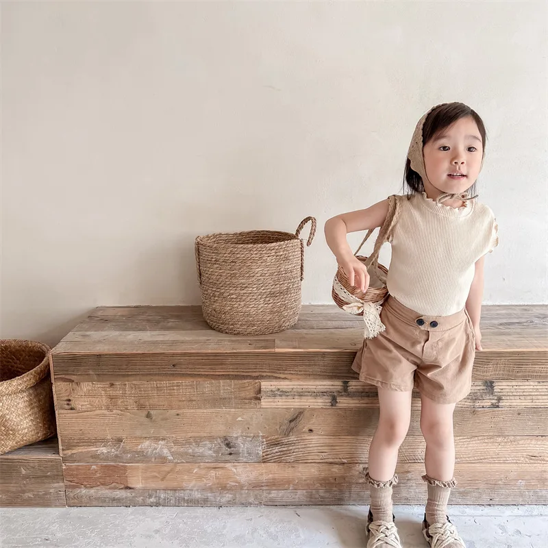 

Freely Move Solid Color T-shirts O Neck Sleeveless Cotton Girls Tees Children Tops Fashion Clothes for Summer Kids Outfits