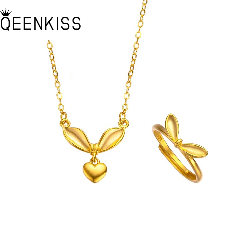 

QEENKISS JS537 Party Birthday Wedding Christmas Gift CuteRabbit Necklace+Ring 24KT Gold Jewelry Set for Women Girlfriend Bride