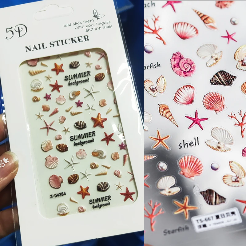 1 Sheet Sea Shell 5D Nail Sticker Beach Embossed Floral Self-Adhesive Nail Art Sticker Decal Ocean Summer Shell Nail Slider &*