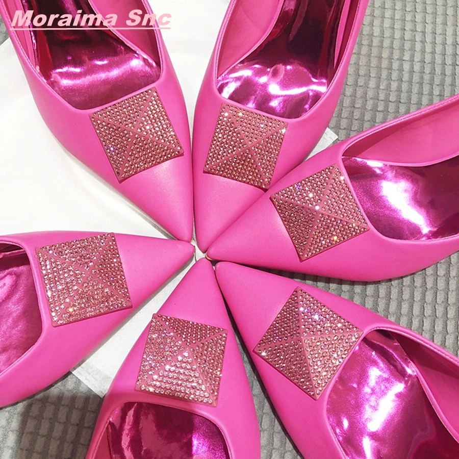 Rosered Rhinestone Glitter Women Fashion Summer Pumps Square Buckle Pointed Toe Solid Luxury Slip On SexyStiletto  Heel Shoes