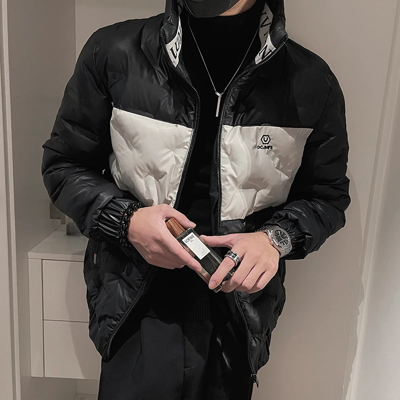 2022 Winter Contrast Stitching Puffer Parkas Men Thicken Warm Stand Collar Jacket Korean Hiphop Overcoat Streetwear Men Clothing