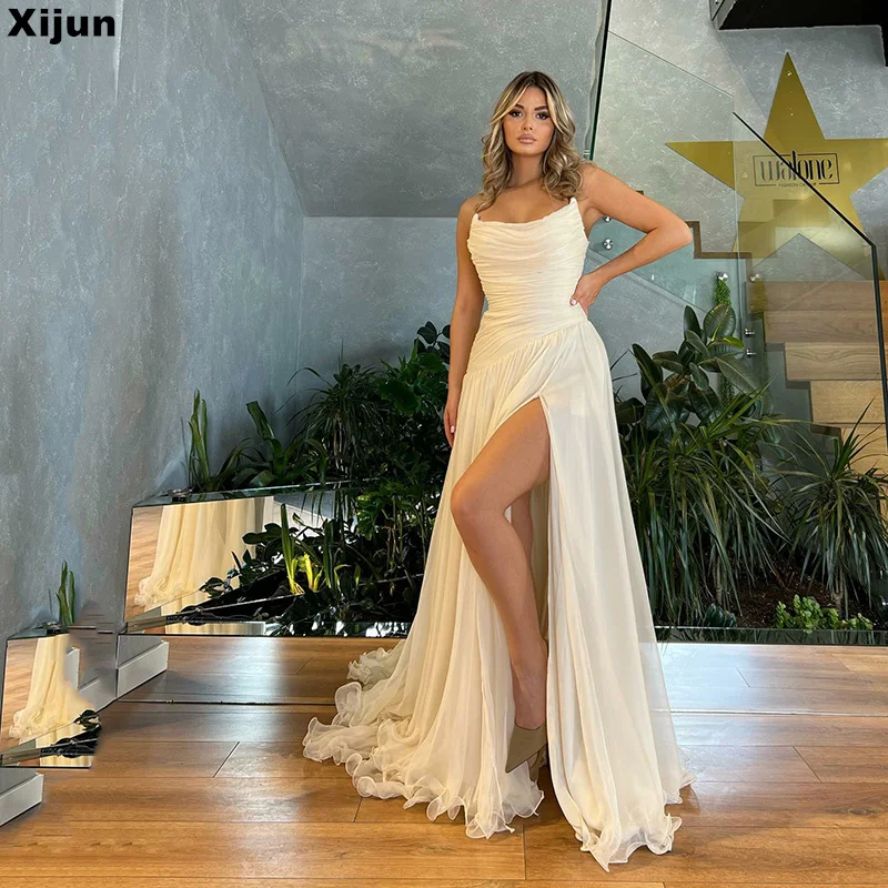 

Xijun White Mermaid Prom Dress Bodycon Spaghetti Strap High Slit Beading Evening Dresses Formal Occasion Gown Vestidos De Fiesta