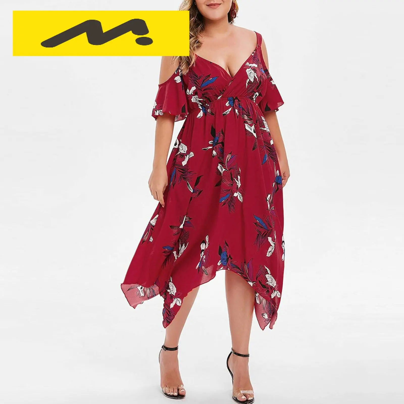 Plus Size Sexy V-neck Spaghetti Strap Floral Print Midi Dress Casual Boho Beach Sundress Summer Dress Women's Open Shoulder