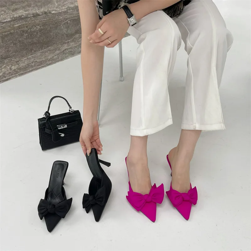 Autumn Big Butterfly-knot Women Slippers Sandals Shallow Pointed Toe Mules Stripper High Heel Pumps Ladies Shoes