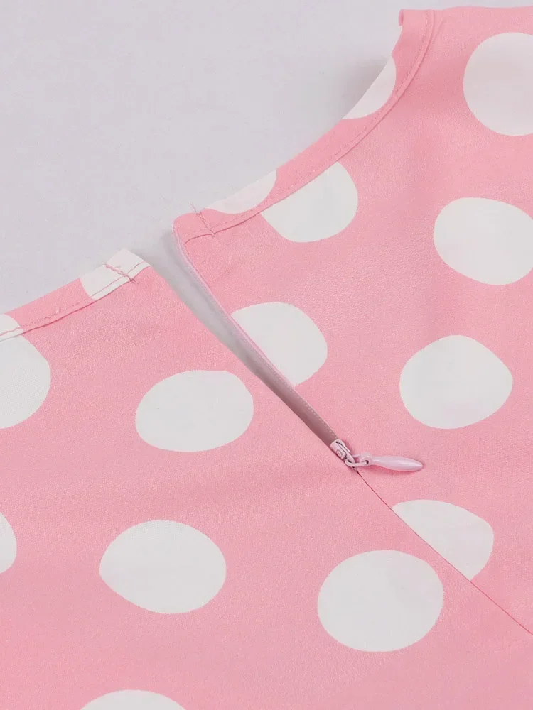 Женское винтажное платье ретро Хепберн розовое средней длины в горошек 50-х годов