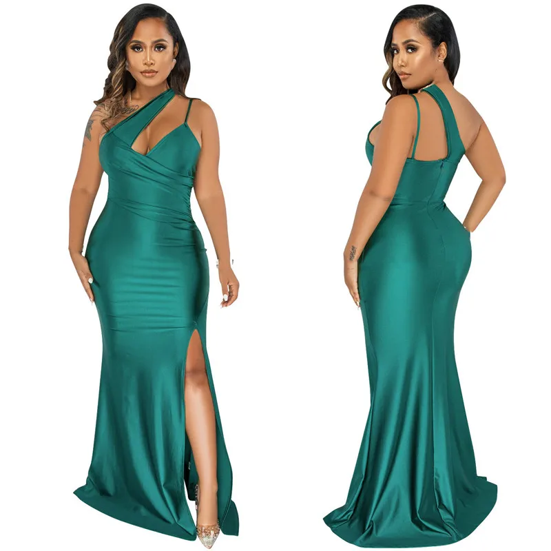 

WUHE One Shoulder Skew Neck High Side Split Bodycon Mermaid Maxi Dress Sexy Night Party Spring Women Dresses