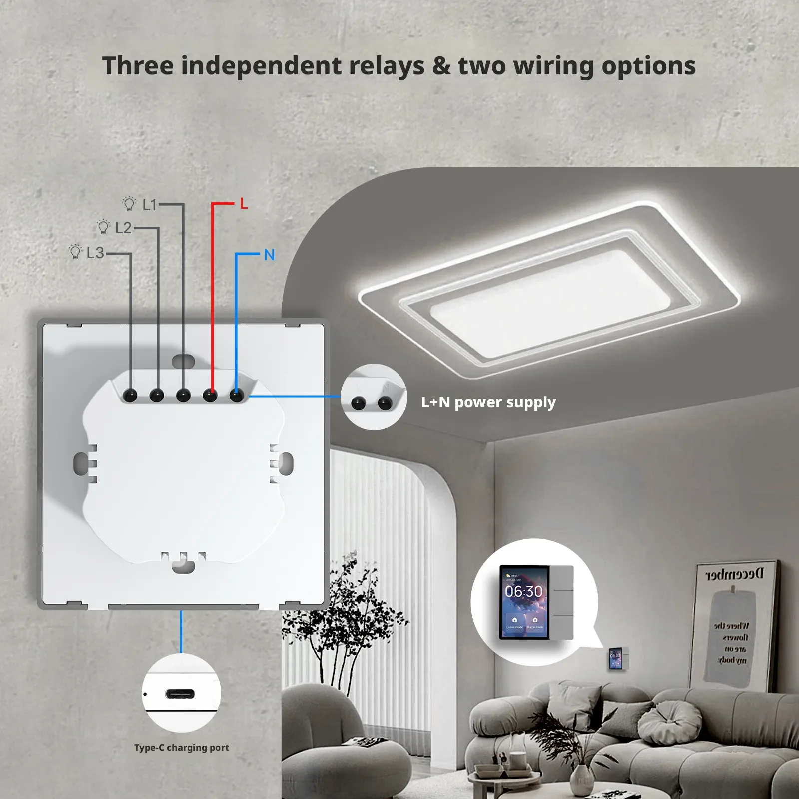 Фото Умный центральный экран управления Tuya Smart Life с Wi-Fi, 3,5 дюйма, с 3 релейными переключателями и встроенным Bluetooth-шлюзом. №4
