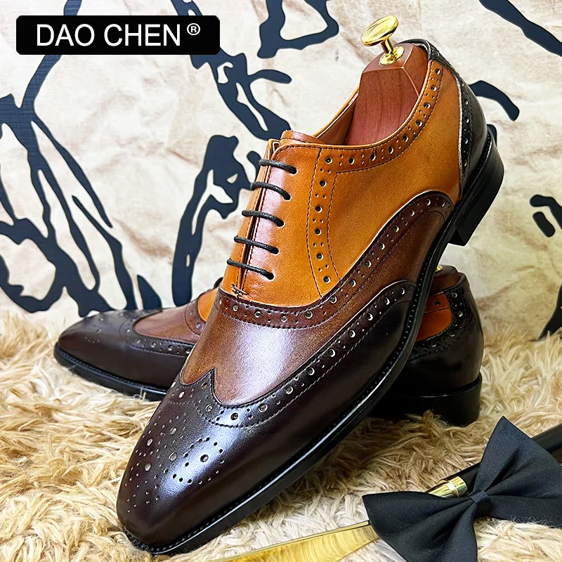 LUXURY DESIGNER MEN'S OXFORD BROGUES MAN DRESS SHOES MIXED COLORS WING TIP FORMAL SHOES OFFICE WEDDING GENUINE LEATHER SHOES MEN