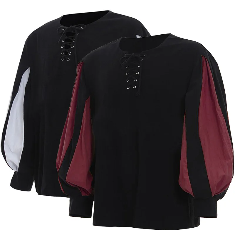 

Men's Shirt Renaissance Medieval Stage Performance Costume Drama Shirt Men's Lantern Sleeve V-neck Bandage Stitching Shirt