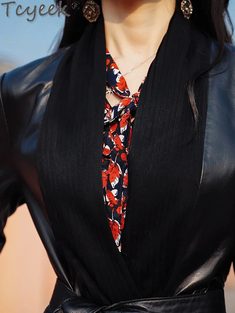 Tcyeek куртка из натуральной кожи женская элегантная дубленка плащ средней длины