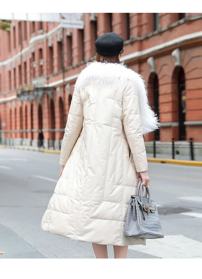 

2023Leather jacket,Winter Genuine Leather Jacket Women Wool Fur Collar Long Sheepskin Coat Female Korean 90% White Duck Down Jac
