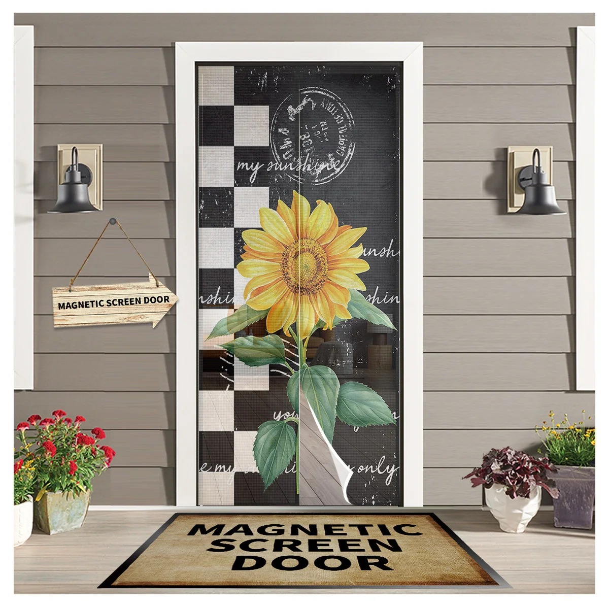 

Farm Sunflower Black Plaid Kitchen Door Curtain Tool-free Magnetic Screen Insect-proof Door Curtain Bedroom Hanging Curtain