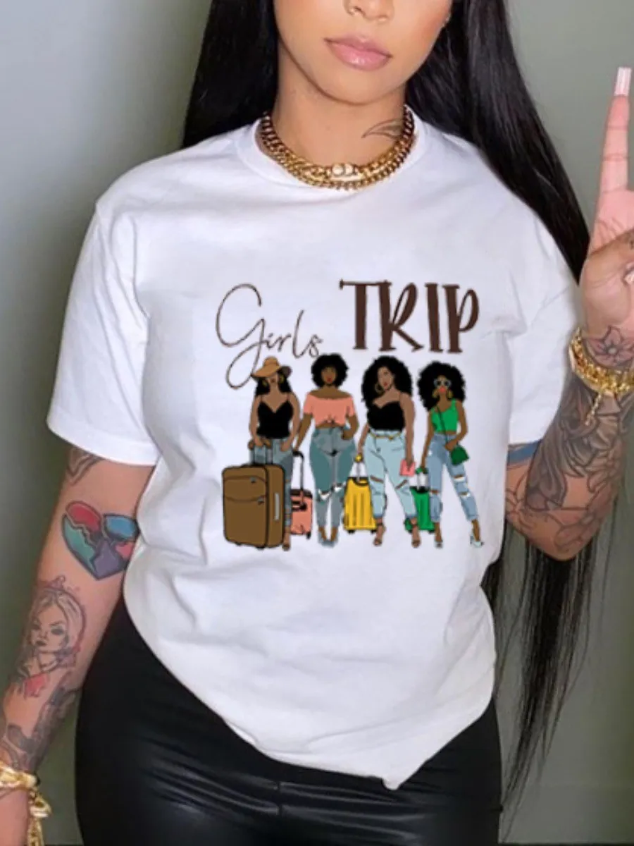 

LW Women T-Shirts Round Neck Figure Cartoon Regular T-shirt Short-sleeved T-shirt Female Couple Loose Streetwear y2k Clothes Top