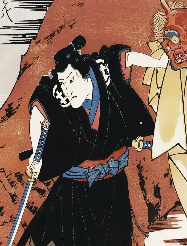 Японская печать укиё э Самурай с маской демона плакат холст от Ho Me Lili настенное