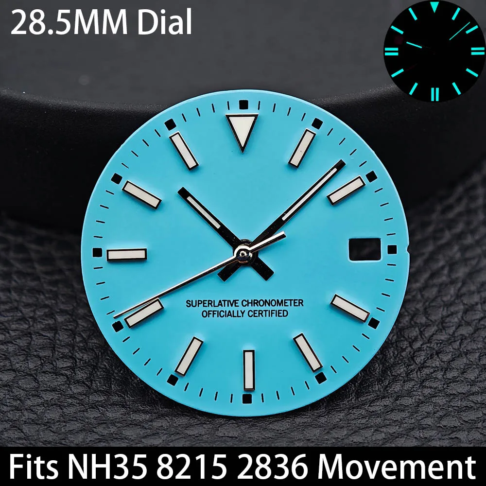 Фото Светящийся циферблат и стрелки Tiffany Blue Green, 28,5 мм, без календаря, подходят для NH35, NH36, ETA2836, Miyota 8215, запасные части для часов. №4