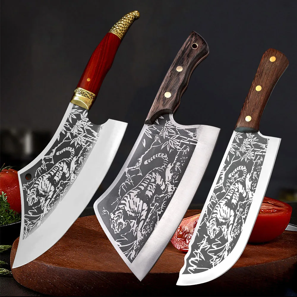 Cuchillo de cocina de acero inoxidable para el hogar, utensilio de carnicero de grano de tigre forjado, para cortar huesos, carne, rebanador de Chef