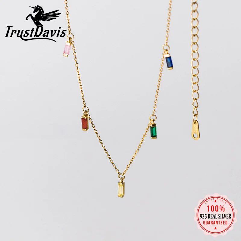 

TrustDavis Real 925 Sterling Silver Geometry Tassel Colour Clean CZ Clavicle Necklace For Women Wedding Fine 925 Jewelry DG0107