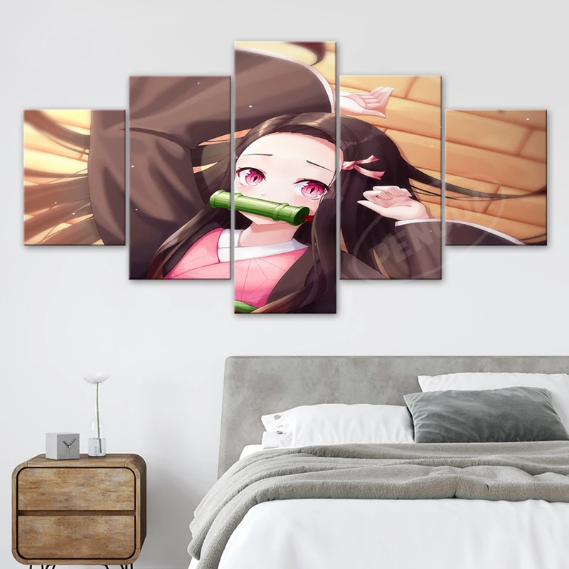 

Demon Slayer Posters Home Decor 5 Pcs Kamado Nezuko Canvas Paintings Wall Art Heroine Modular Pictures Hd Printing Anime Framed