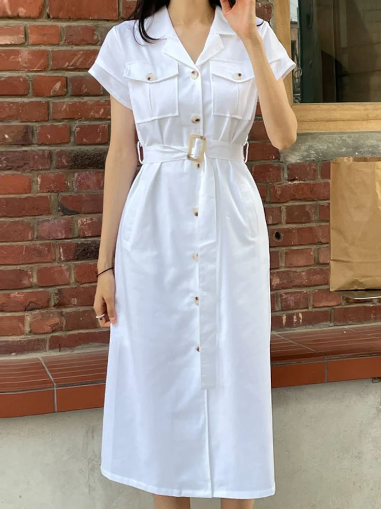 

Korean Chic Elegant Suit Collar Single Breasted Waist Slim Short Sleeved Split Dress With Belt 2022 Summer New M764