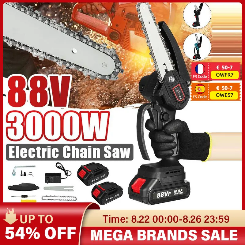 

6 Inch 3000W Mini Electric Chain Saw 88V Woodworking Pruning ChainSaw One-handed Garden Logging Power Tool With 2Pcs Battery