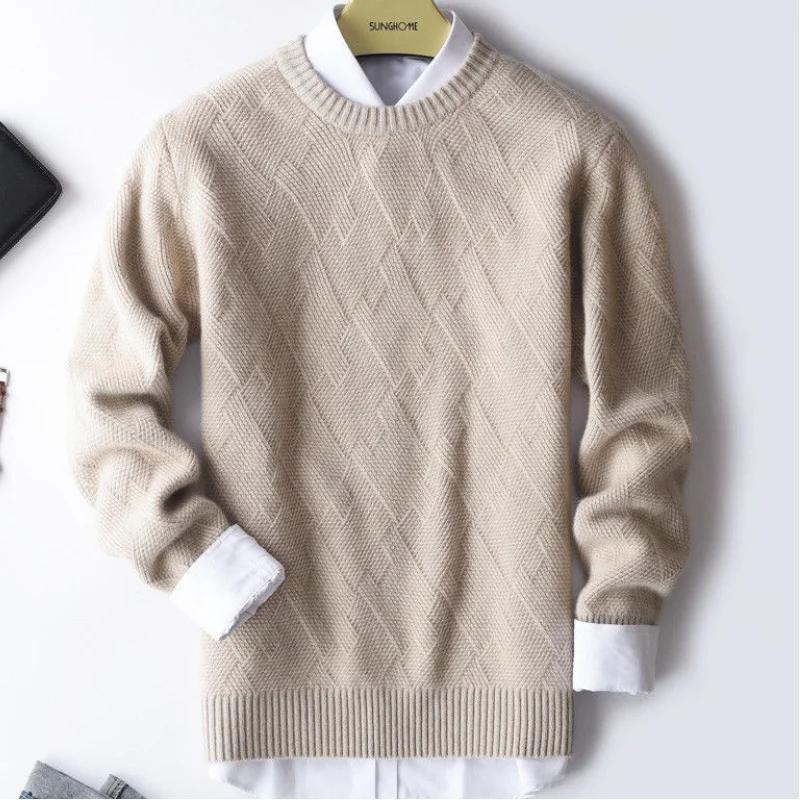 

Men's High-end Cashmere Sweater New Winter Double-strand Padded Cardigan Round Neck Pullover Solid Color Knitted Bottoming Shirt