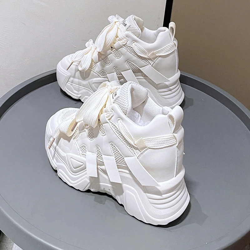 Women Autumn Leather Sneakers 10CM Heels White Mesh Casual Shoes New Fashion Woman Trainers Lace-Up Breathable Platform Sneakers