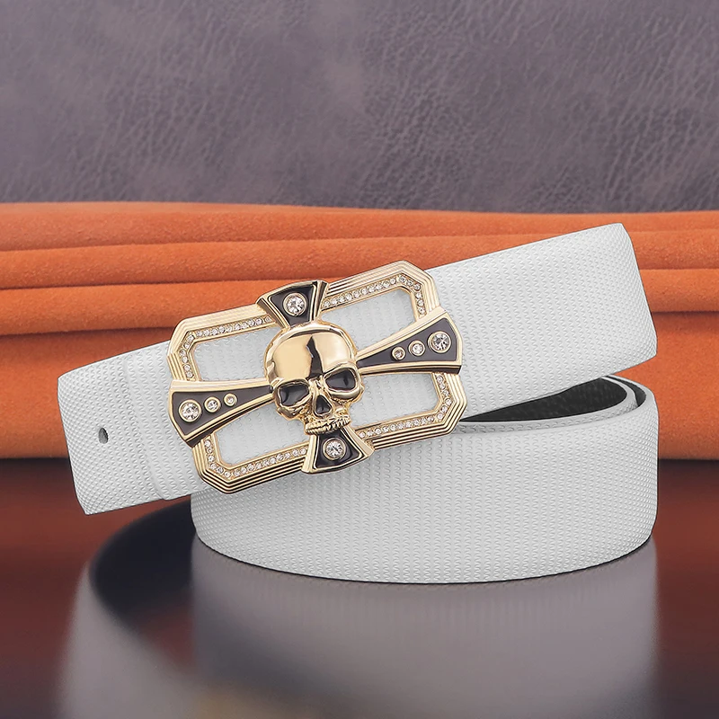 High Quality Skull Buckle Personality Belt Men's Genuine Leather White Designer Luxury Brand Young Boys Casual Belt