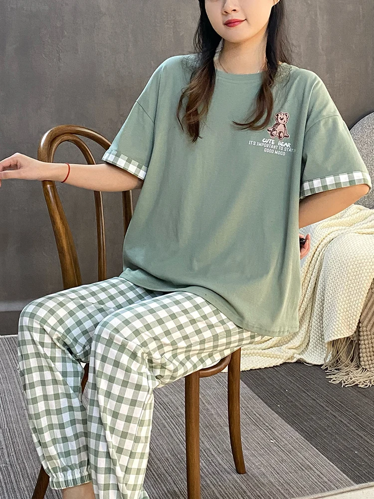 2024 New Pajamas Women's Spring Summer Cotton Short sleeve Pullover round Neck Can Be Worn outside Plaid Pants Home Wear Set