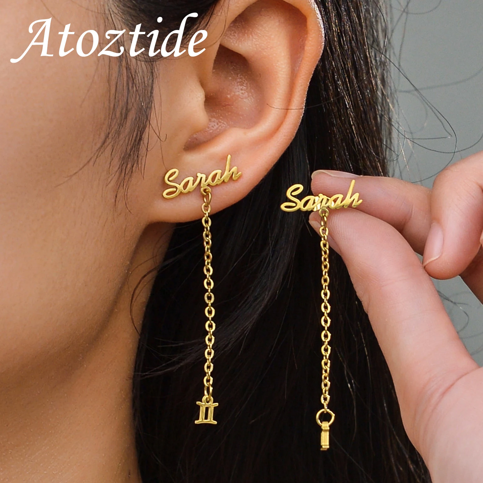 Atoztide Personalized Custom Name Stud Earrings for Women Stainless Steel With Chain Constellation Heart Letter Jewelry Gift