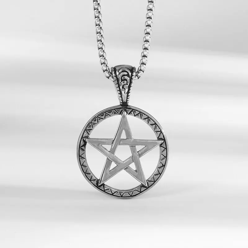 

Fashion personality retro silver color devil Satan pentagram pendant necklace men's punk hip-hop biker cool star necklace