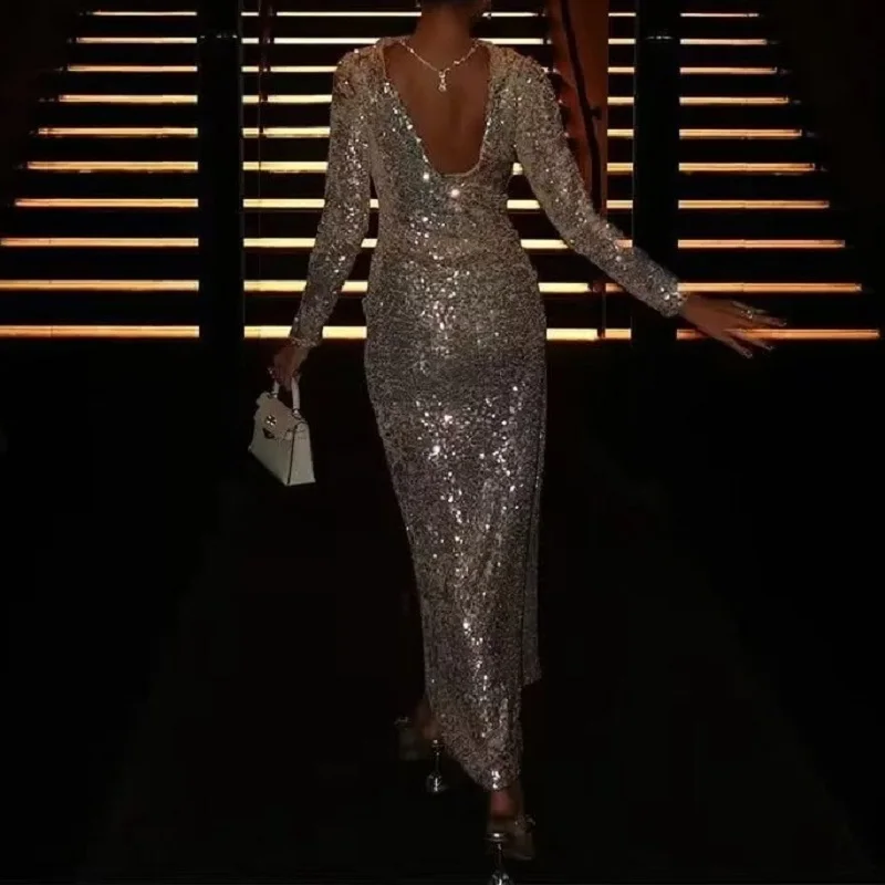 Сексуальное блестящее вечернее платье с блестками женское весеннее длинное