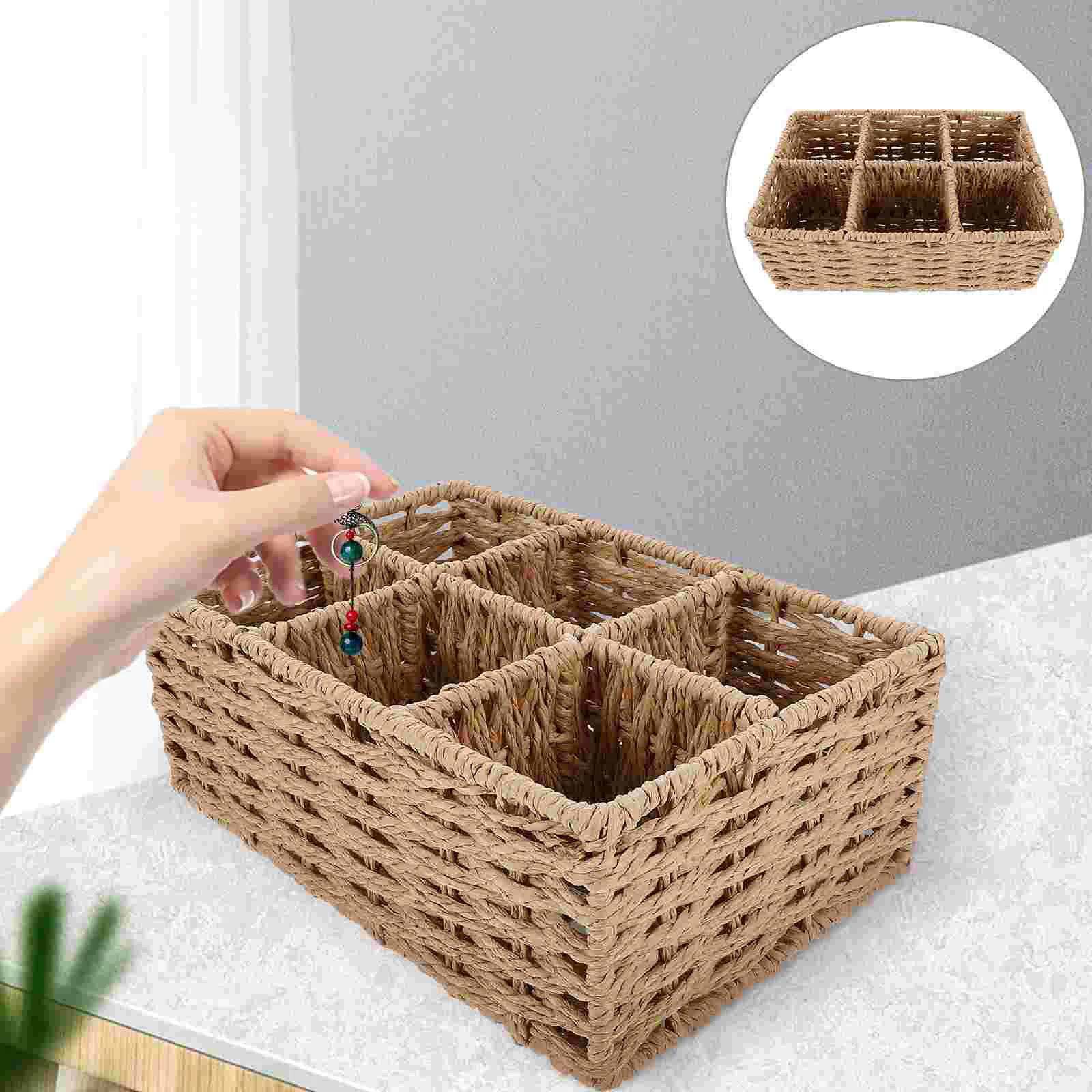 

6 Compartments Woven Storage Basket Rectangular Storage Organizer Desktop Sundries Organizer for Home Office