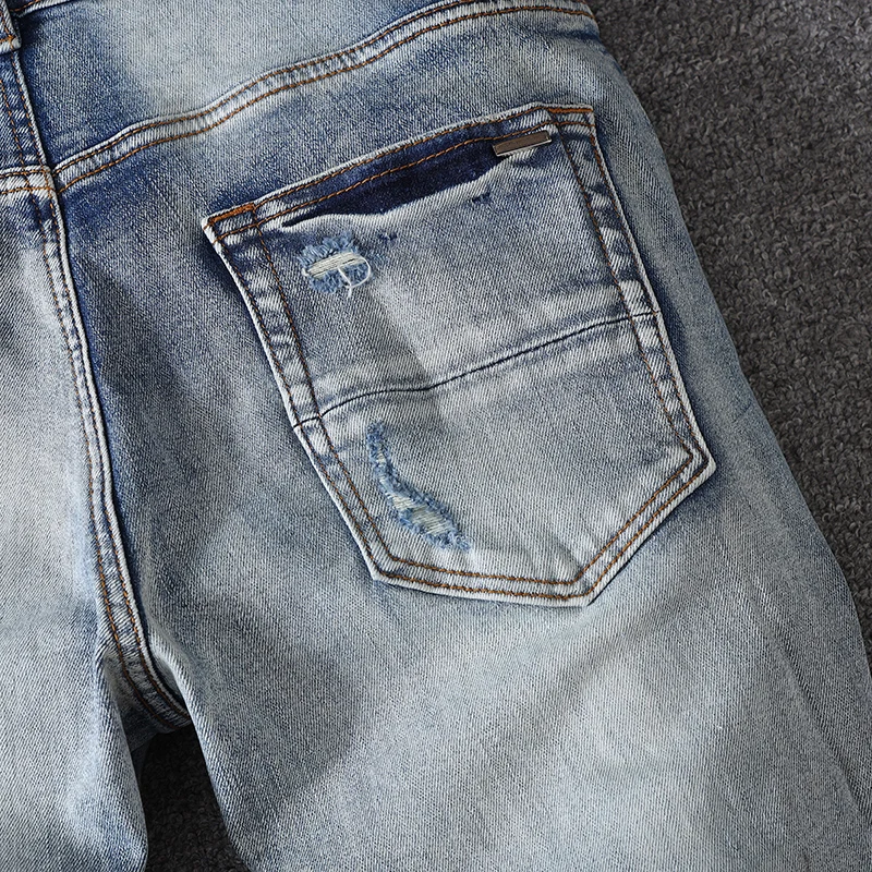 Street Fashion Men Jeans Retro Light blue Stretch Elastic Skinny Ripped Jeans Men Leather Patched Designer Hip Hop Brand Pants