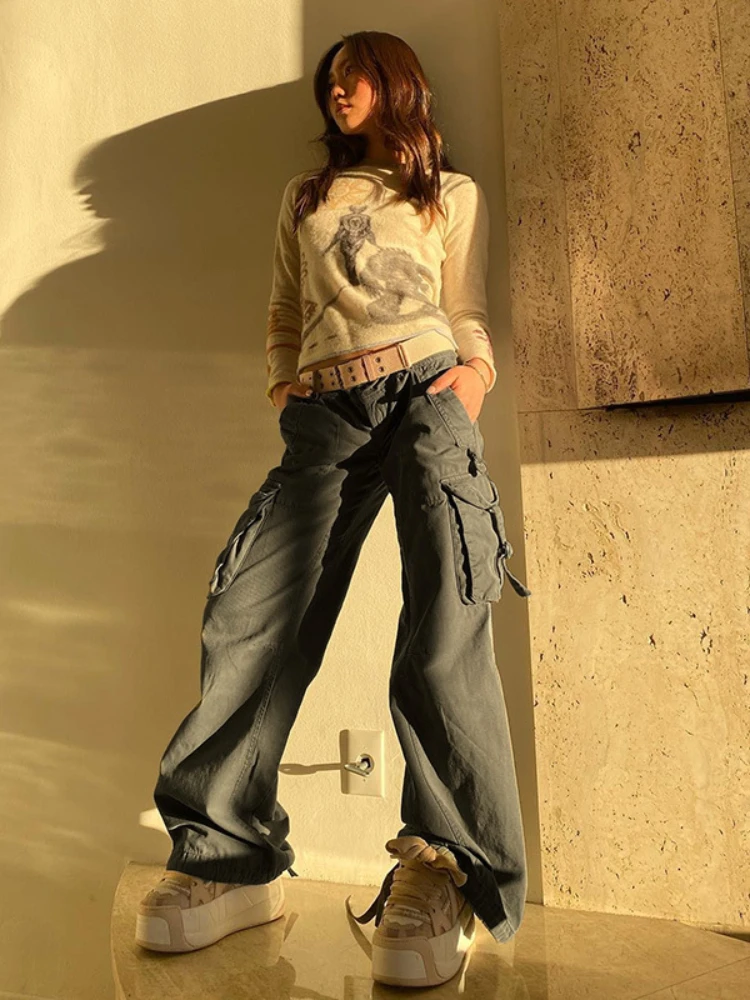 

WeiYao Y2K Streetwear Retro Multi Pocket Straight Jeans Harajuku Egirl Low Rise Cargo Jean Pants Slim Hip-hop Baggy Casual Pants