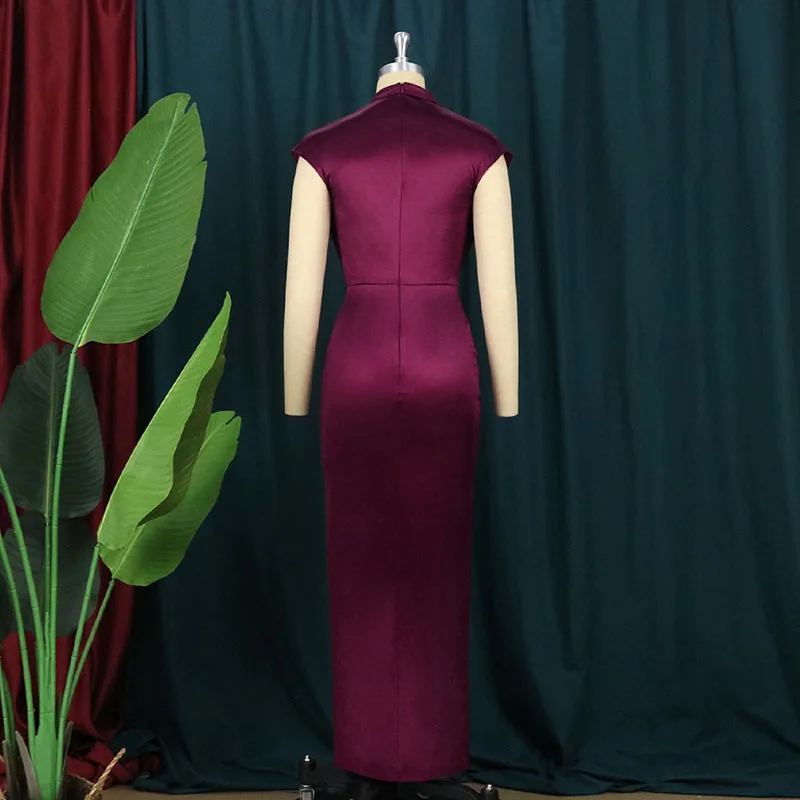 Women Dress Pleated Long Wine Red Elegant Slit High Collar Slim Fit Sleeveless Maxi Robes Female Shiny Gowns Party 2022 Spring