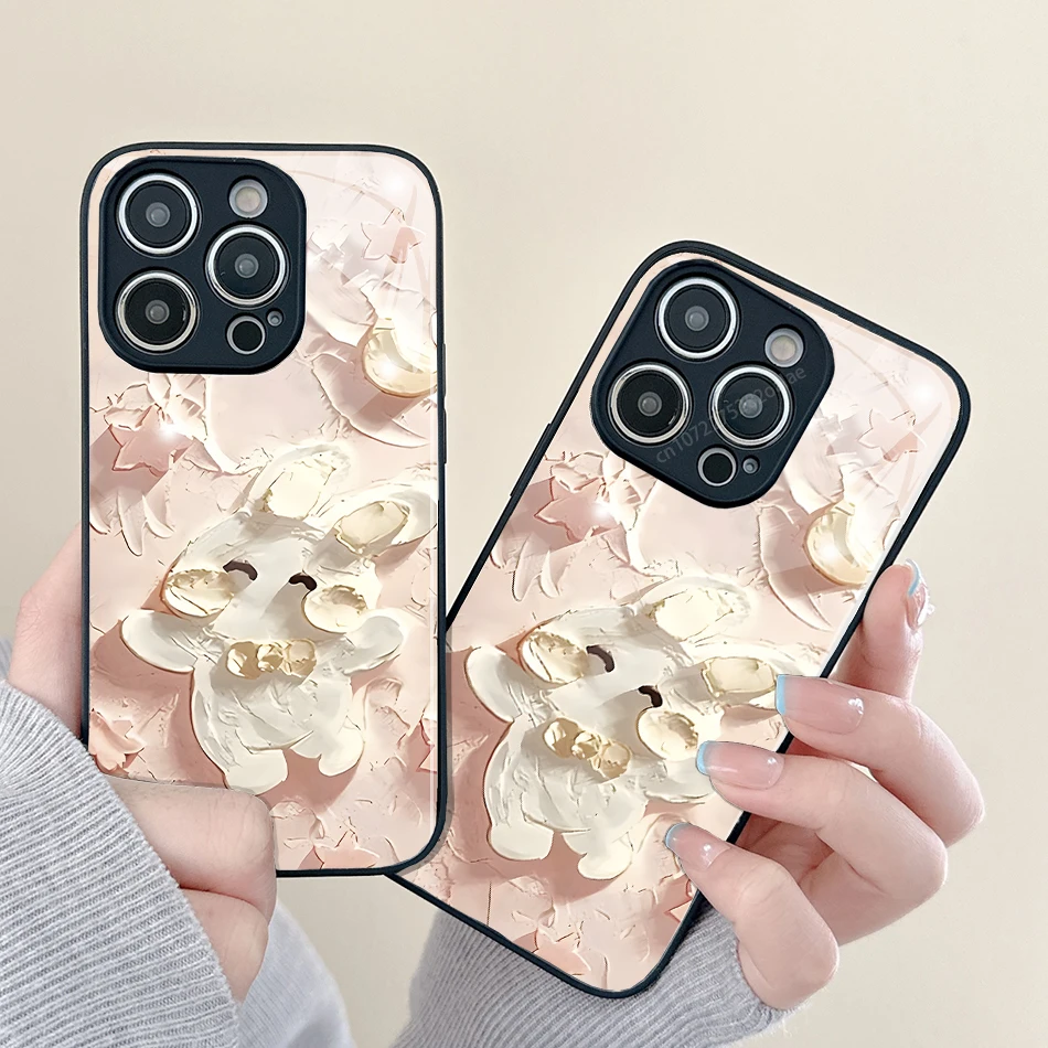 

Cartoon Rabbit Painted Glass Phone Case For iPhone 14 13 12 11 Pro Max Mini XS Max X XR 7 8 Plus Se2 SE3 Protection Back Cover