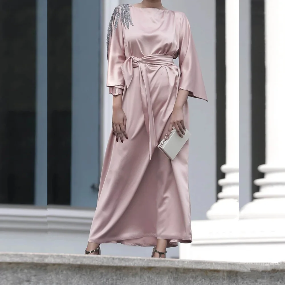 Robe Femme Musulmane Muslim Fashion Muslim Dress Middle East Abaya Dubai Embroidered Mid-sleeve Dress Abaya Turkey Robe Belt