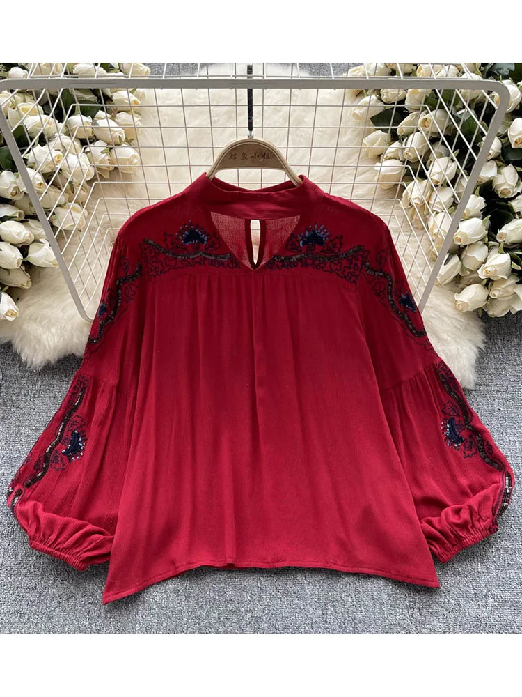 

Женская Весенняя блузка во французском дворцовом стиле, рубашка с рукавами-фонариками и свободной вышивкой, нишевый Ретро богемный этнический Топ D3791