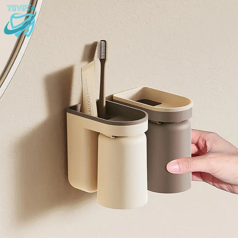 

Wall Mounted Toothbrush Toothpaste Storage Holder Couple Mouth Cup Set Shelf Reverse Buckle Type Rack Bathroom Accessories
