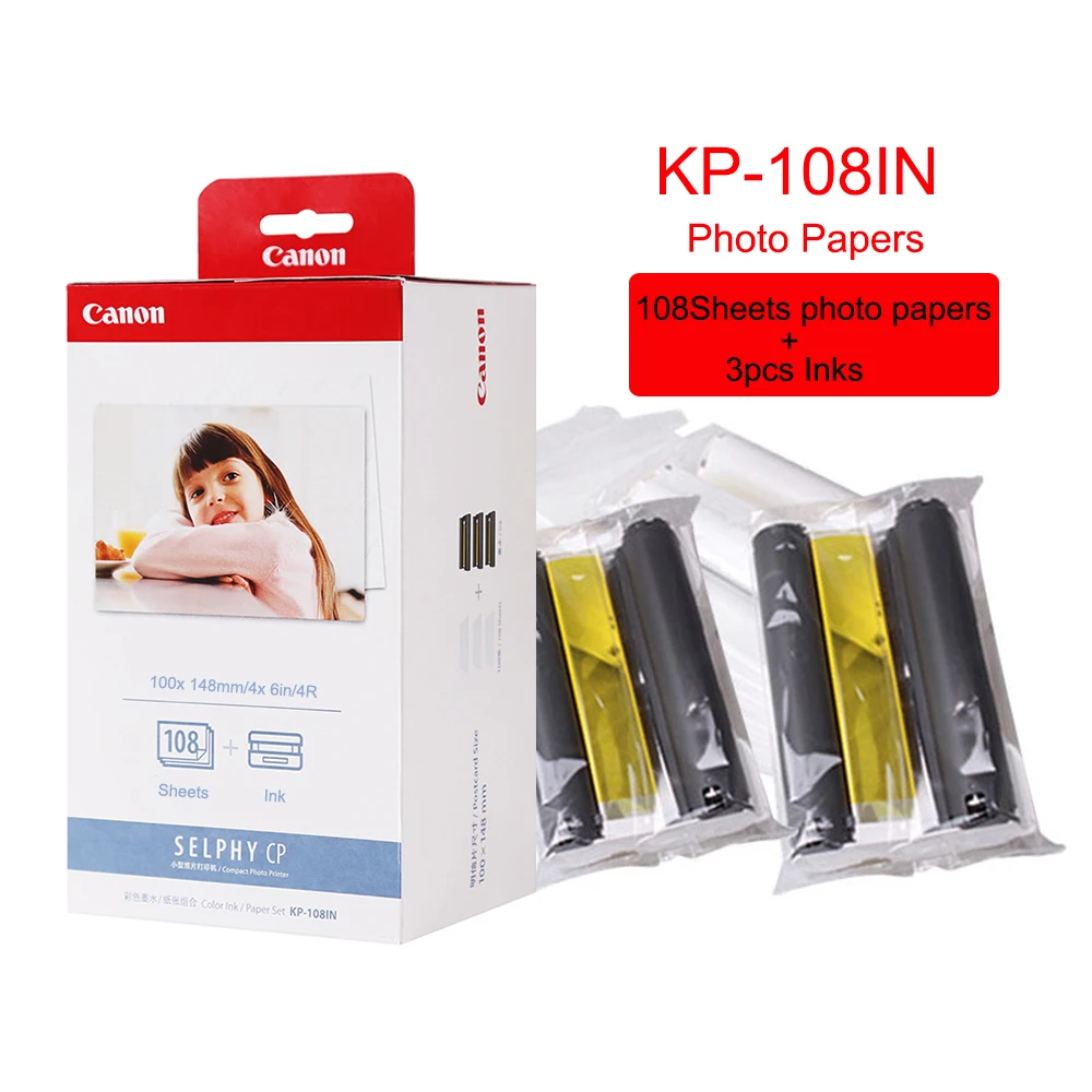 KP-108IN Photo Paper 4*6 inch 100*148mm with 3 Ink Cartridge for Canon Selphy CP1300 Portable Photo Printer CP800 CP910 CP1200