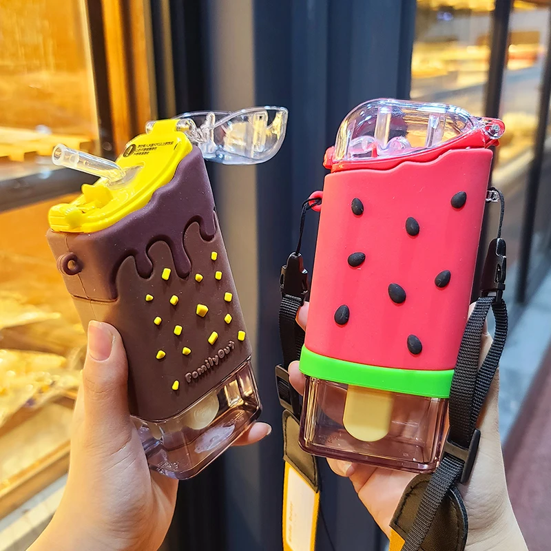 New Summer Cute Donut Ice Cream Water Bottle With Straw Creative Square Watermelon Cup Portable Leakproof Tritan Bottle BPA Free