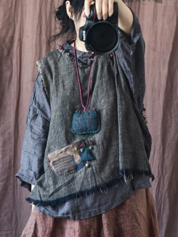 

Women Vintage Linen Vests Loose Autumn Coats 2023New O-Neck Sleeveless Chinese Style Women Clothes Vests Coats