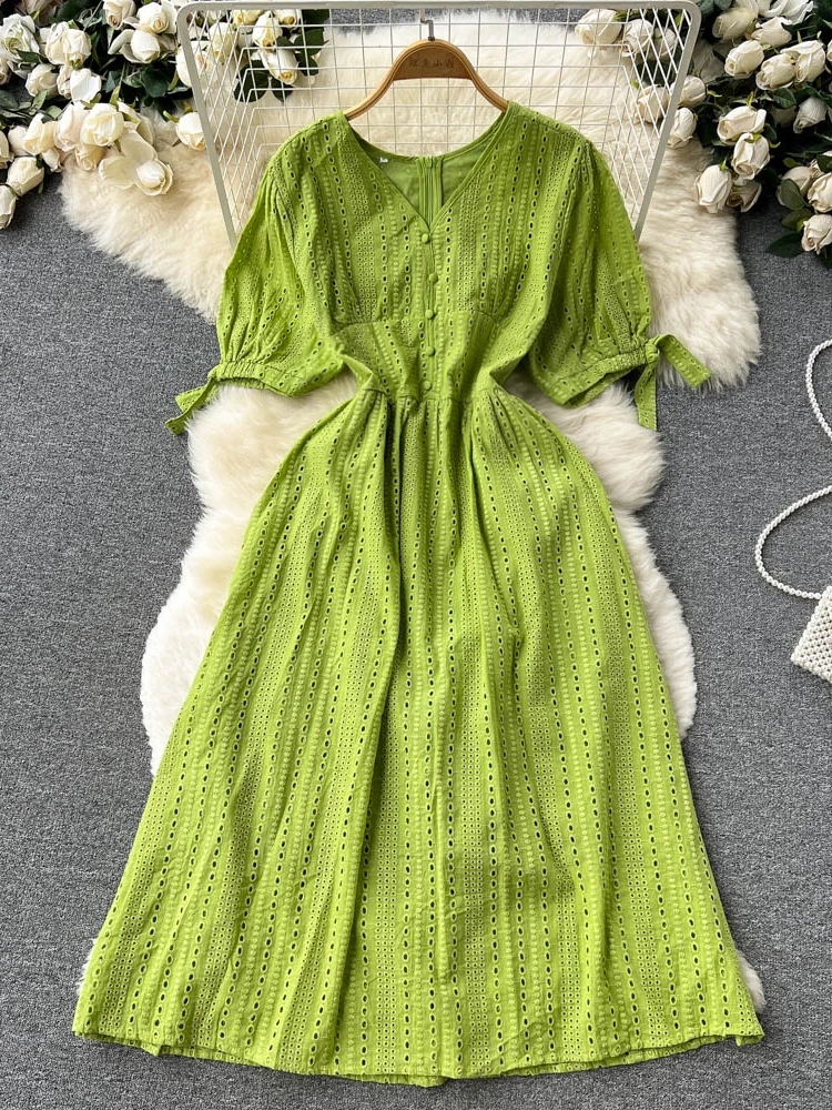 

Aibeautyer New Casual Summer Solid Slim Short Lady Dress A Line V Neck Chiffon Single Breasted Mid-Calf Women Dresses