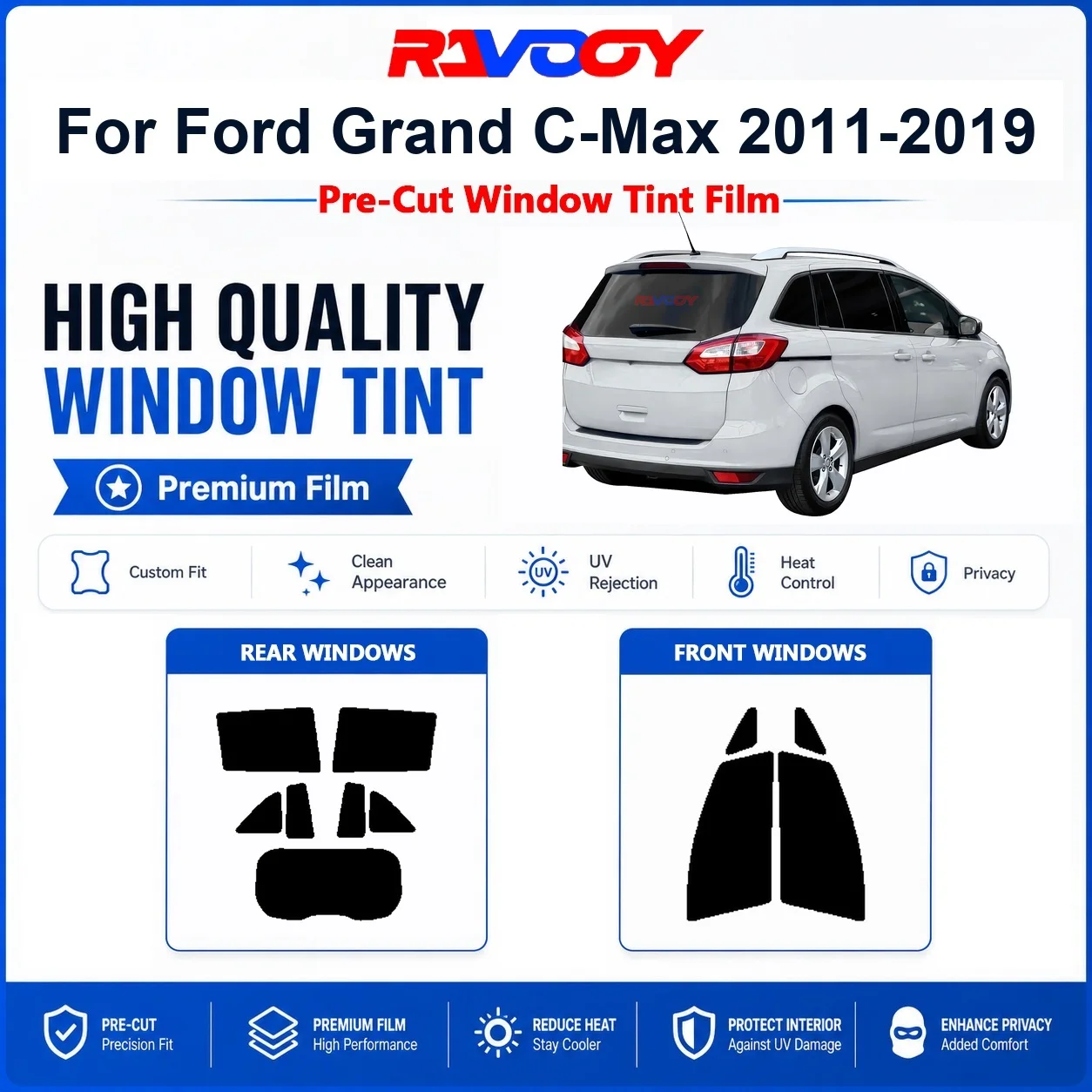 Фото Премиальная предварительно нарезанная тонировочная пленка для окон Ford Grand C-Max 2011-2019 (передние и задние стекла) с защитой от УФ-излучения и теплоизоляцией, обеспечивающая конфиденциальность №1