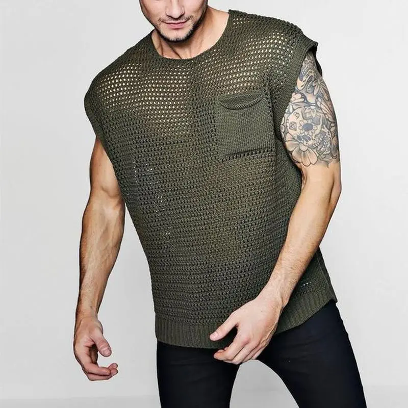 

Versatile Casual and Sexy Knitted Mens Top Mesh Fabric Fashion Personalized Tank Top Trend