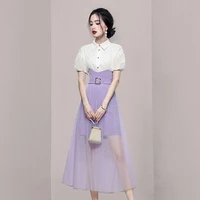 2022 new summer womens clothing korean version high end temperament lapel bubble sleeve white shirt purple gauze skirt suit