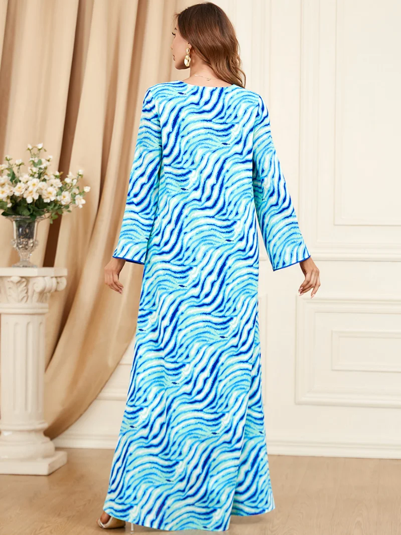 Ramadan Jalabiya Modest Muslim Moroccan Kaftan Dubai Turkey Wave Print Casual Maxi Long Dress For Women Eid-al-Adha 2023 New