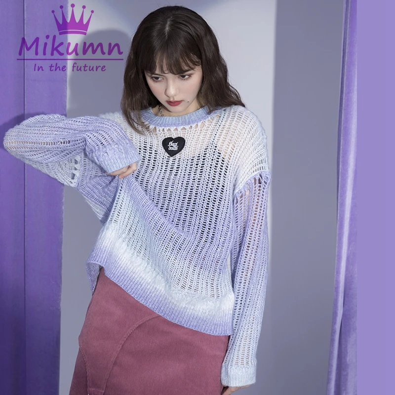

Y2K Sweater Harajuku Girl Blue Purple Gradient Knitted Sweater Women Japanese Kawaii Hollow Out Loose Long Sleeve Jumpers